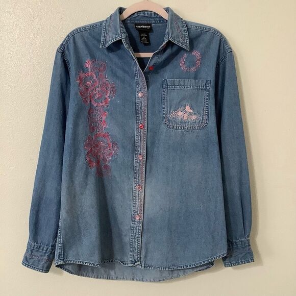 Vintage 90s Western Cottagecore Grandmacore Pink Embroidered Denim Blouse Medium - Picture 1 of 11